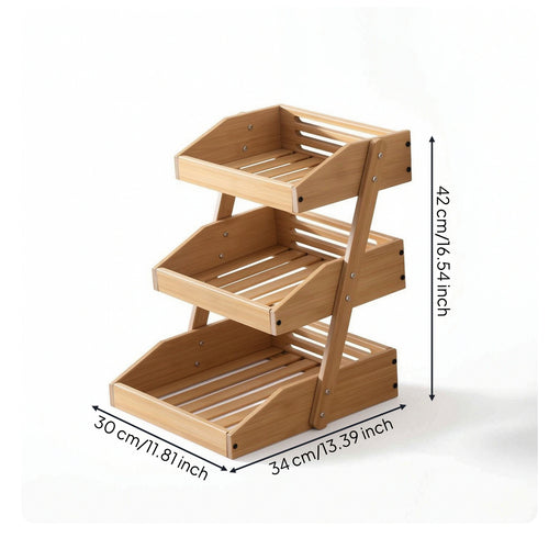 3 Tier Rack with Slatted Trays Rustic Countertop Vegetable Produce Rack Convenient Kitchen Organizer for Pantry