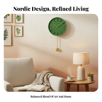 Pendulum Wall Clock, Flocked Surface with Brass Hands, Nordic Minimalist Decorative Clock for Living Room Bedroom Decor