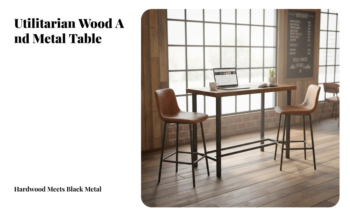 Dense Wood Top utilitarian Pedestal Bar Table High-Leg Design Commercial Furniture sturdyDuty Metal Base Footrest for Restaurant Owners, Homeowners, Adults, Pub, Cafe, Bistro, Kitchen