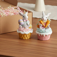 2 Pieces Bunny Cupcake Figurine Cute Design Easter Rabbit Statue Pastel Colors