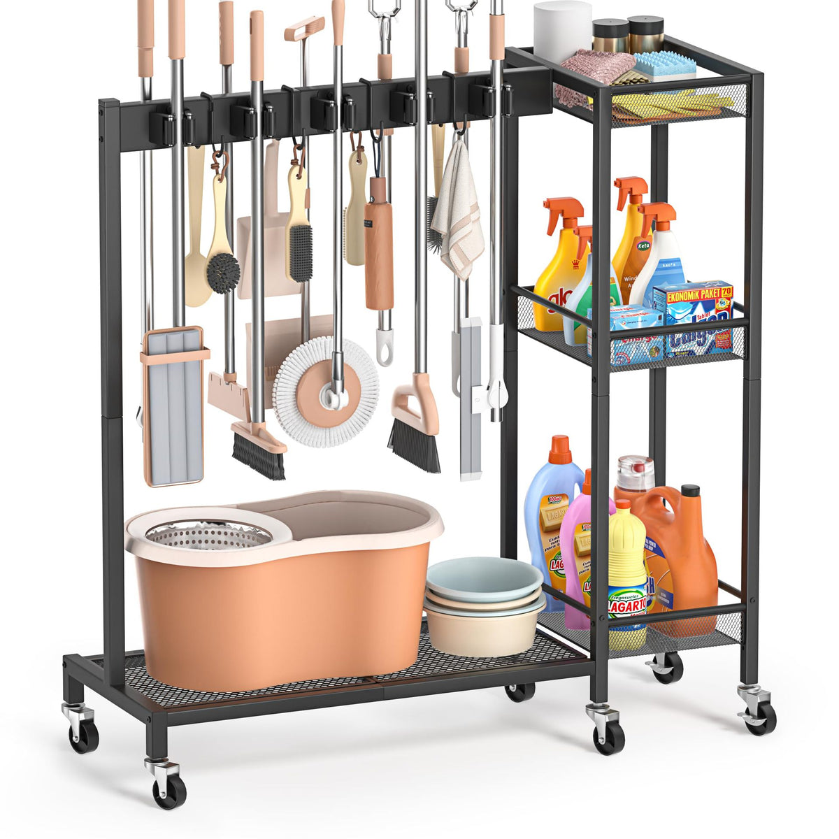 Iron 3-Tier Rolling Broom and Mop Storage Rack with Hanging Hooks for Garage