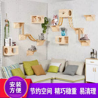 Wooden Wall-Mounted Cat Climbing Shelf with Cat House and Scratching Post