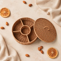 Woven Snack Basket with Lid Divided Compartments Woven Fruit Basket Handwoven Rattan Fruit Tray for Tabletop