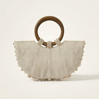 Woven Bag with Wooden Handle Textured Handmade Purse Semi-Circular Handbag Beaded Shell Embellished Bag Artisanal for Women