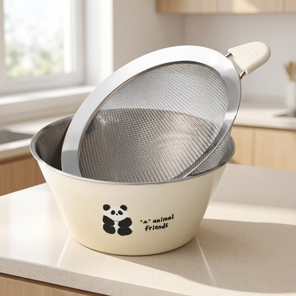 Stainless Steel Colander Bowl with Handle, Cute Double Layer Drainage Bowl, 304 Stainless Steel Fruit Colander and Vegetable Strainer for Rice