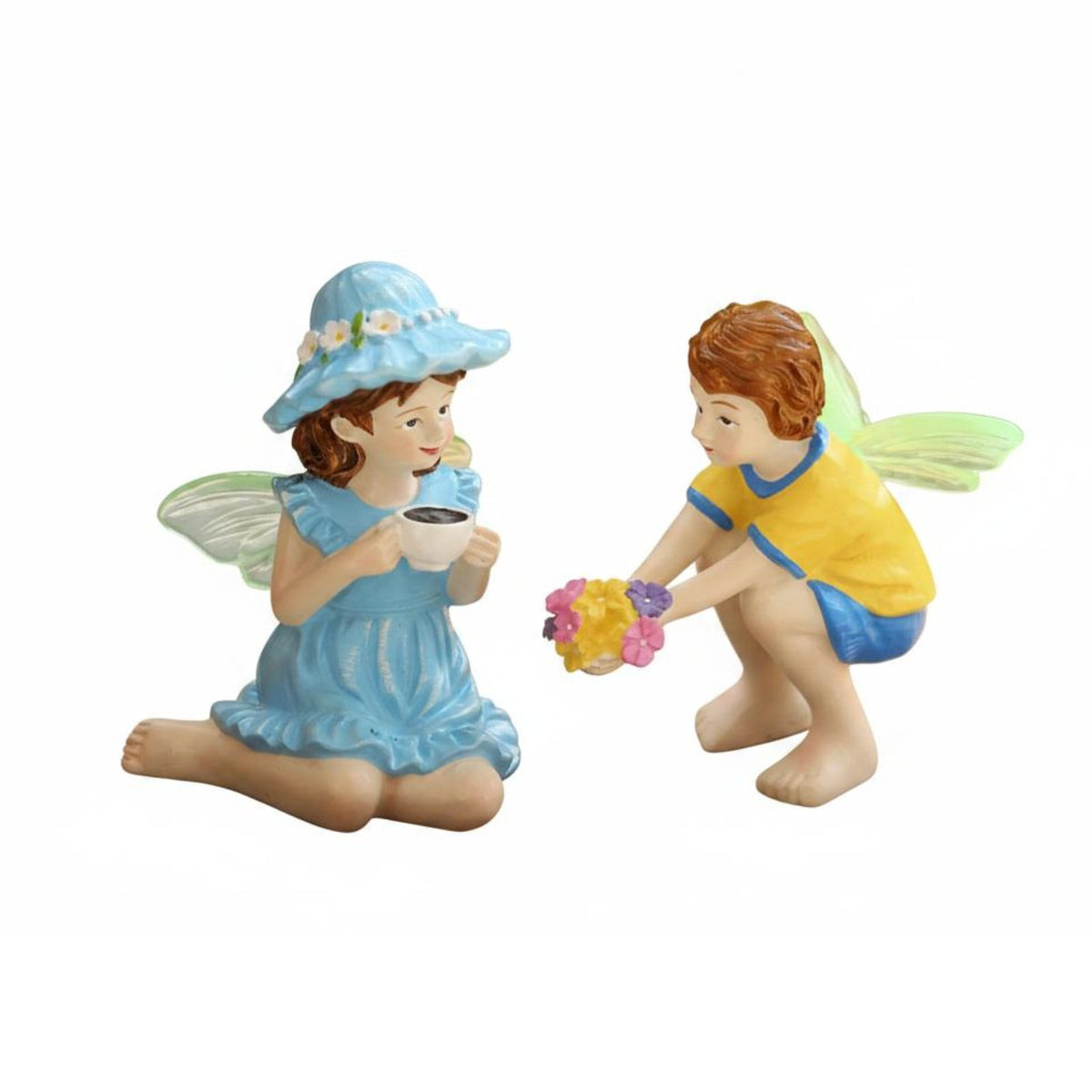 2 Pieces Boy and Female Fairy Figurines Hand Painted Miniature Whimsical Pair Statue Waterproof Figurine Set for Balcony, Desktop