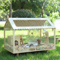 Acrylic Hamster Cage Villa with Mixed Color Wood Landscape and Acrylic Window, Transparent Hamster Cage with Openable Top for Winter Heating Lamp