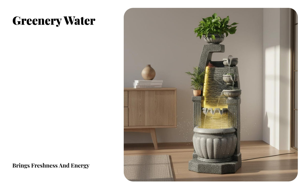 European Design Feng Shui Floor Water Feature Humidifier Function Freestanding Waterfall Fountain Artificial Stone Construction Freestanding Waterfall Feature for Living Room, Office, Entryway, Lobby