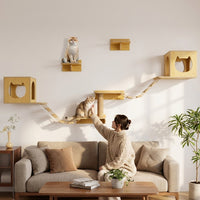 Solid Wood Feline Perch Wall-Mounted Condo with Bed, Indoor Activity Perch for Felines, Space Saving Living Room Furniture and Scratching Surface