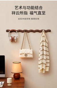Creative Solid Wood Wall Hook Rail with Adhesive, No Drilling, for Clothes, Bags, Hats, 8 Hooks