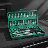 Socket Set with Hard Shell Case 46-Piece Socket Set with Case Chrome Mechanics Tools Kit for Vehicle Owners, Hobbyists, Garage, Home Maintenance