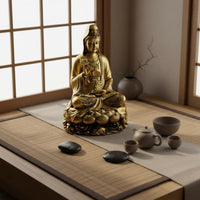 Peace Blessing Guanyin Statue Gold Finish Golden Guanyin Figurine Ornate Details Lotus Base Buddha Statue Traditional Chinese Design for Buddhist Believers, Office Desk