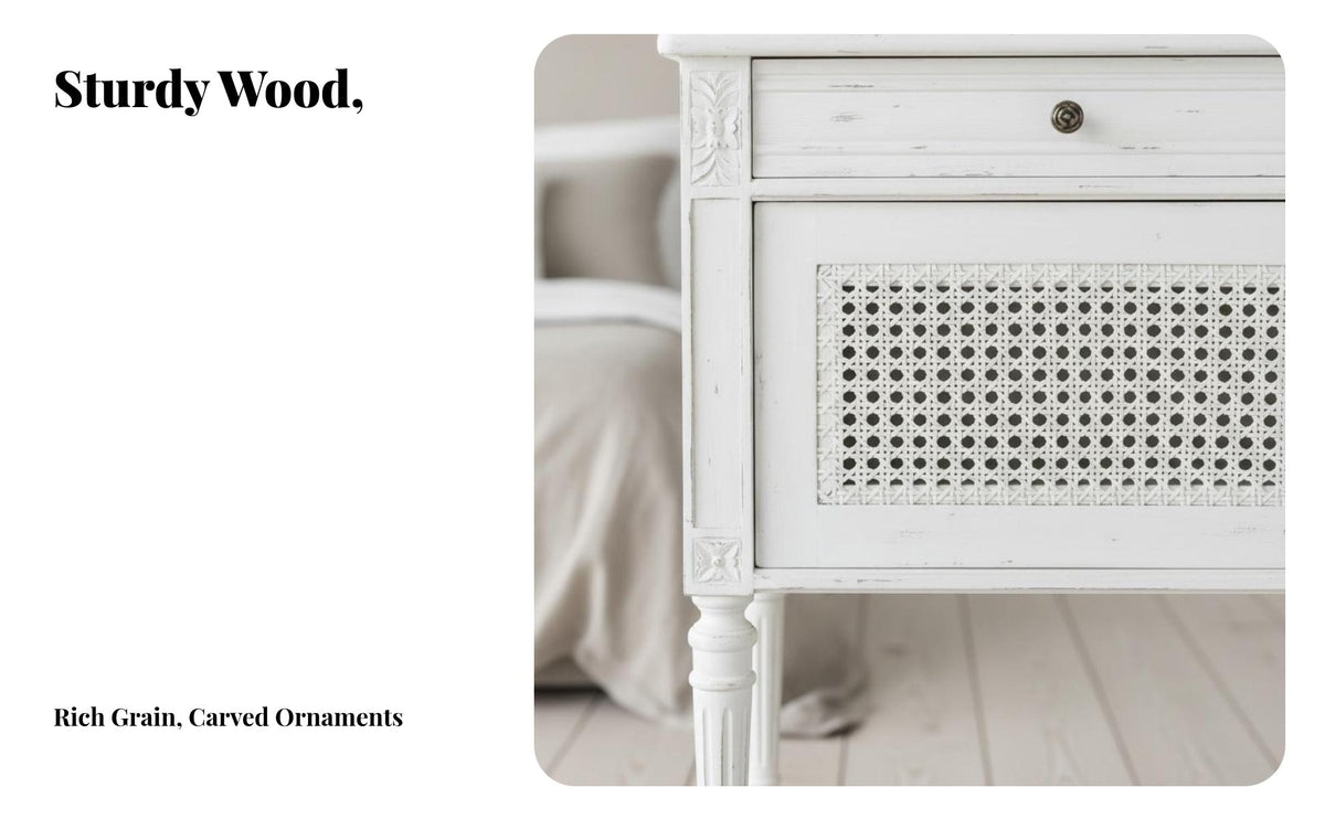 French design Rattan Drawer Nightstand Vintage Design Rattan Drawer End Table Distressed Finish Bedside Cabinet durable Wood Legs for Interior Decorators, Homeowners, Students, Guest Room, Small Spaces, Hotel, Office