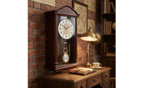 Chinese-Style Vintage Pendulum Clock Arched Crown Wood Wall Clock Stepped Base Home Decor Gold-Toned Detailing