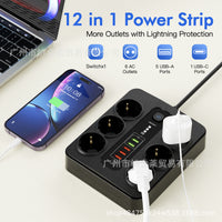 Power Strip with 6 Outlets, 5 USB Ports and 1 Type-C, 12-in-1, EU Standard