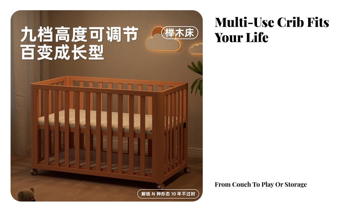 Infant Crib Beech Wood Adjustable Crib Elevated Mattress Base for Infants, Young Children, Bedroom