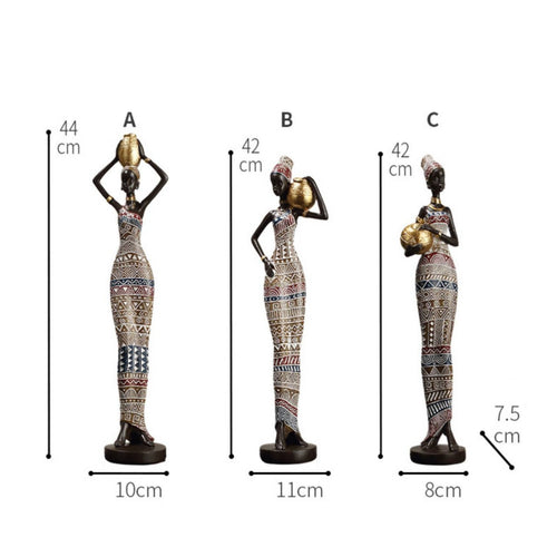 3 Pieces African Woman Statue Hand-Painted African Lady Figurine Resin Material