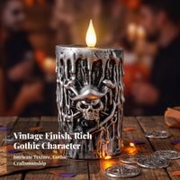 Flameless Death Head Candle | Antique Silver Finish, Candle with death head Motif, for Halloween