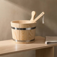Sauna Bucket Sauna Tub Ladle Set Wooden Pail Metal Hoop Reinforcement Ergonomic Handle Convenient Storage Suitable for Home Sauna Wellness