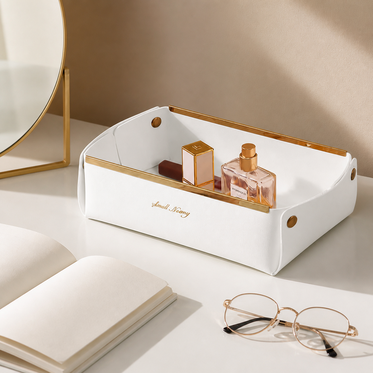 Faux Leather Storage Tray, Foldable Sundries Organizer Tray, Luxury Printed Bedroom Vanity Tray, Multifunctional Desk Storage for Cosmetics & Snacks