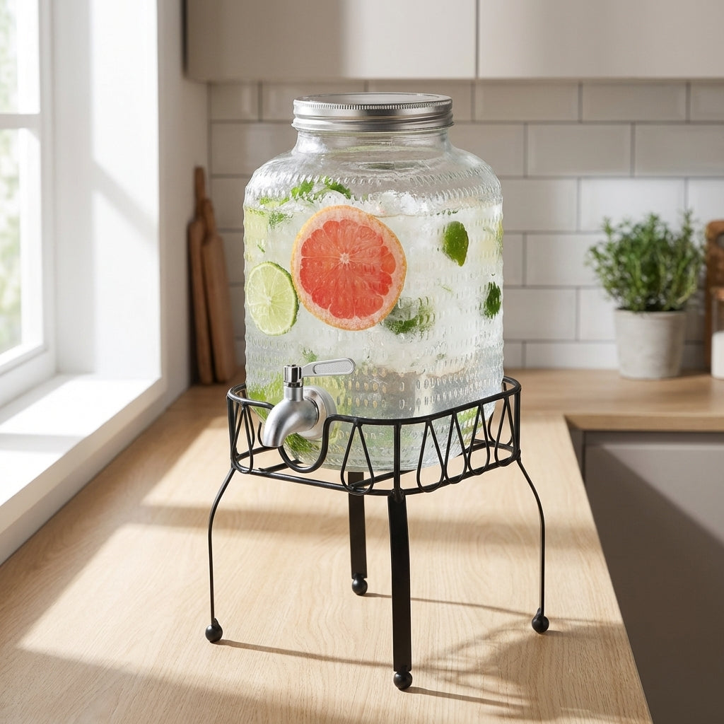 Large Capacity Beverage Dispenser with Hammered Texture, Glass Drink Dispenser and Water Dispenser with Metal Stand