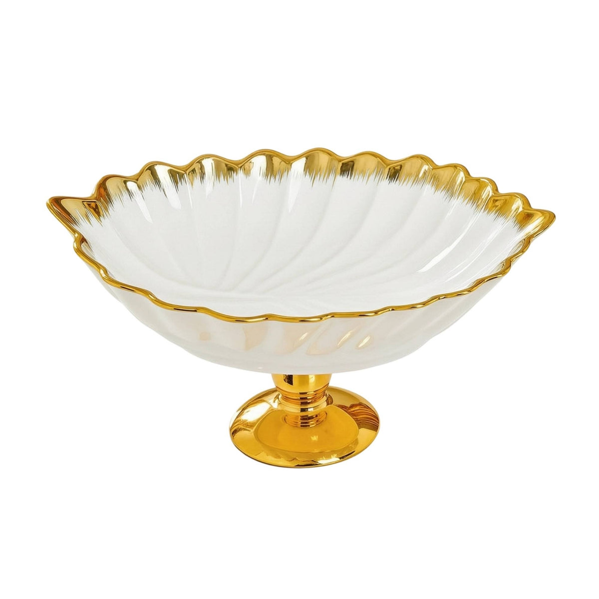 Ceramic Bowl with Pedestal Oval Fruit Bowl Gold-Rimmed for Sideboard