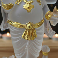 Ornate Headdress Elephant-Headed Deity Figurine Layered Draped Clothing Standing Deity Statue Gold-Toned Four-Armed Figurine Three-Dimensional for Shelf Display