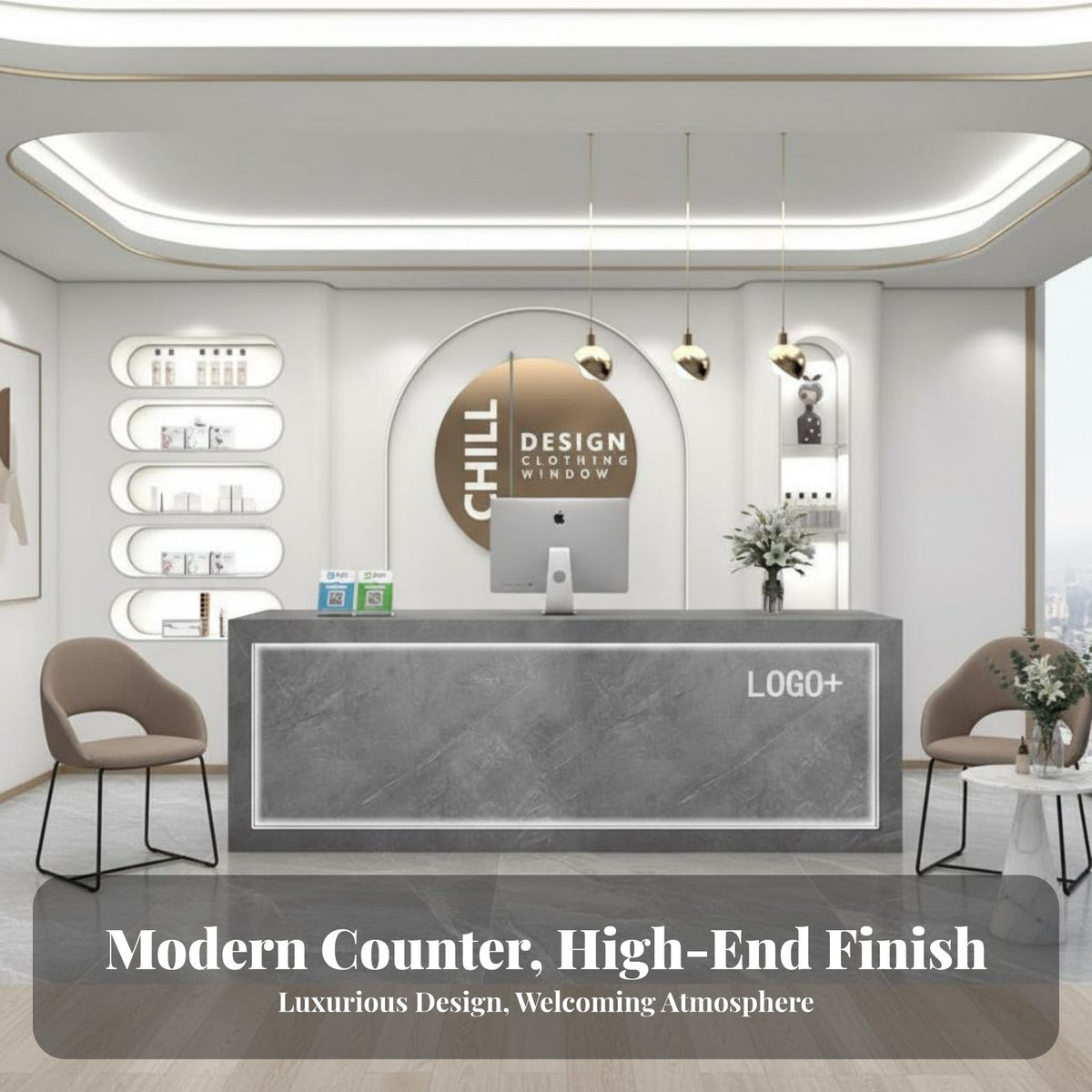 Modern Reception Desk Sturdy Structure Salon Checkout Counter Lockable Drawers Receptionist Desk with Storage for Shopkeepers, Lobby, Company Entrance