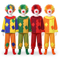 Kids Clown Costume Set for Carnival, Halloween, and Stage Performances with Wig, Shoe Covers, and Red Nose