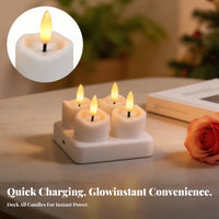 4 Pieces LED Tea Lights with Remote | Realistic Molded beeswax Body, Rechargeable LED Candles with Charging Base Flameless Yellow Glow, for Cozy Indoor Ambiance