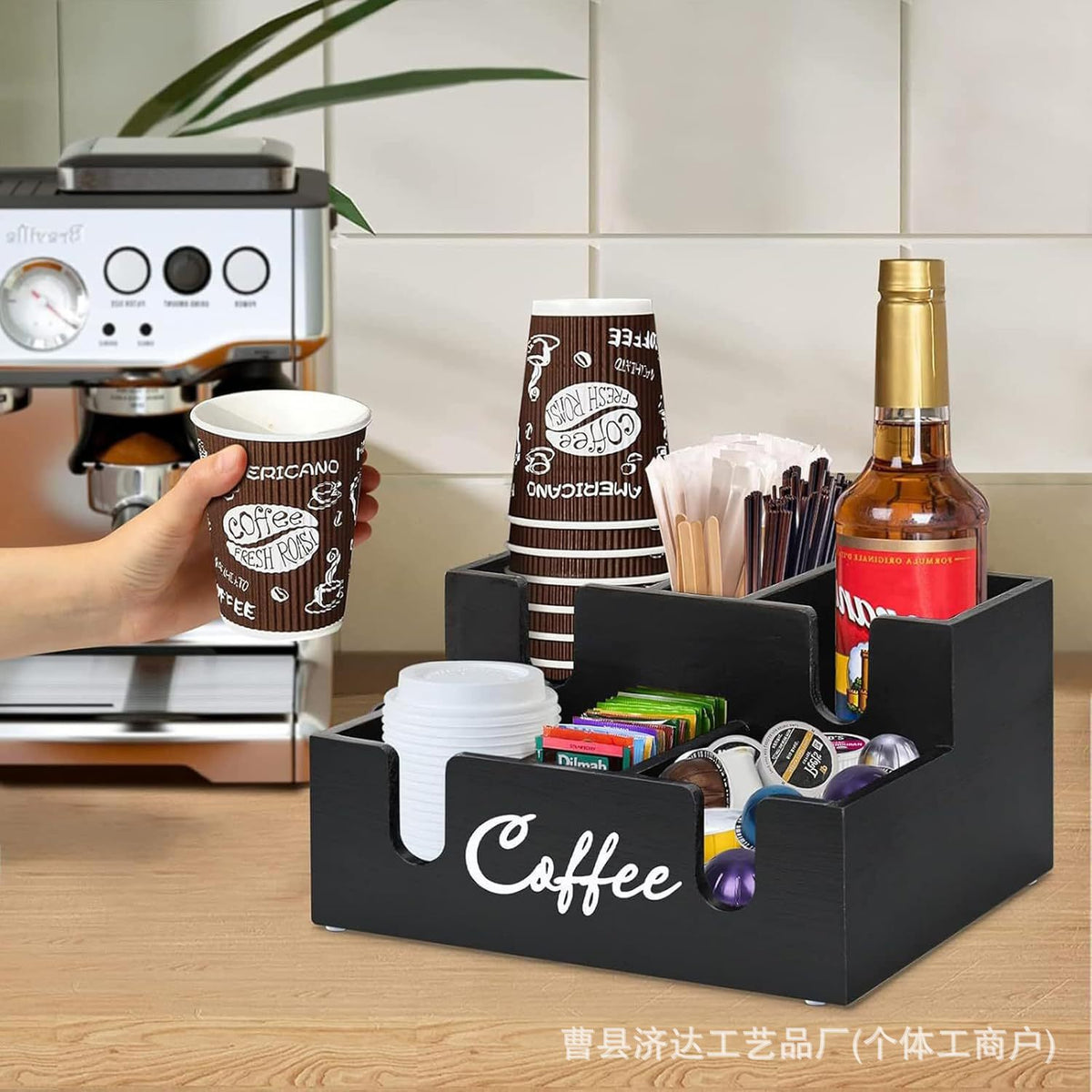 Wooden Minimalist Coffee Storage Box with Multiple Compartments for Tea Bags and Coffee Packets