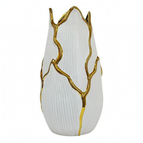 Decorative Ceramic Vase Marbled Rim Gold Accent Vase Glazed Finish for Flowers
