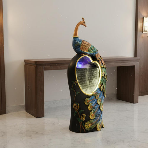 Peacock Floor Water Feature Indoor Fountain Resin Sculpture LED Waterfall Statue Tranquil Cascading Water Ornament Suitable for Entrance Living Room Office Clubhouse