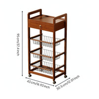Rolling Kitchen Rack with Baskets Space-Saving Wire Storage Rack Multifunctional Storage Cart with Wooden Tabletop for Pantry