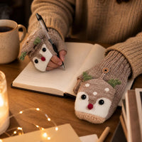 Christmas Flip-Top Half-Finger Gloves for Adults and Kids, Plush Lined Warm Winter Mittens