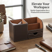 Office Organizer Desk Pen Holder with Compartments, Rectangular Faux Leather Organizers and Accessories, Workspace Organization for Professionals