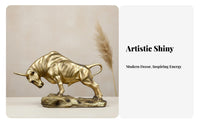Golden Bovine Statue Nordic Design Charging Bovine Figurine Desktop Decor Imitation Bronze Finish Detailed Features