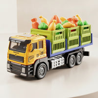 Inertia-Style Transport Truck with Play Food Alloy Toy Truck with Cargo Bed Authentic Vehicle Set Friction-Powered for Children, Toddlers, Playroom