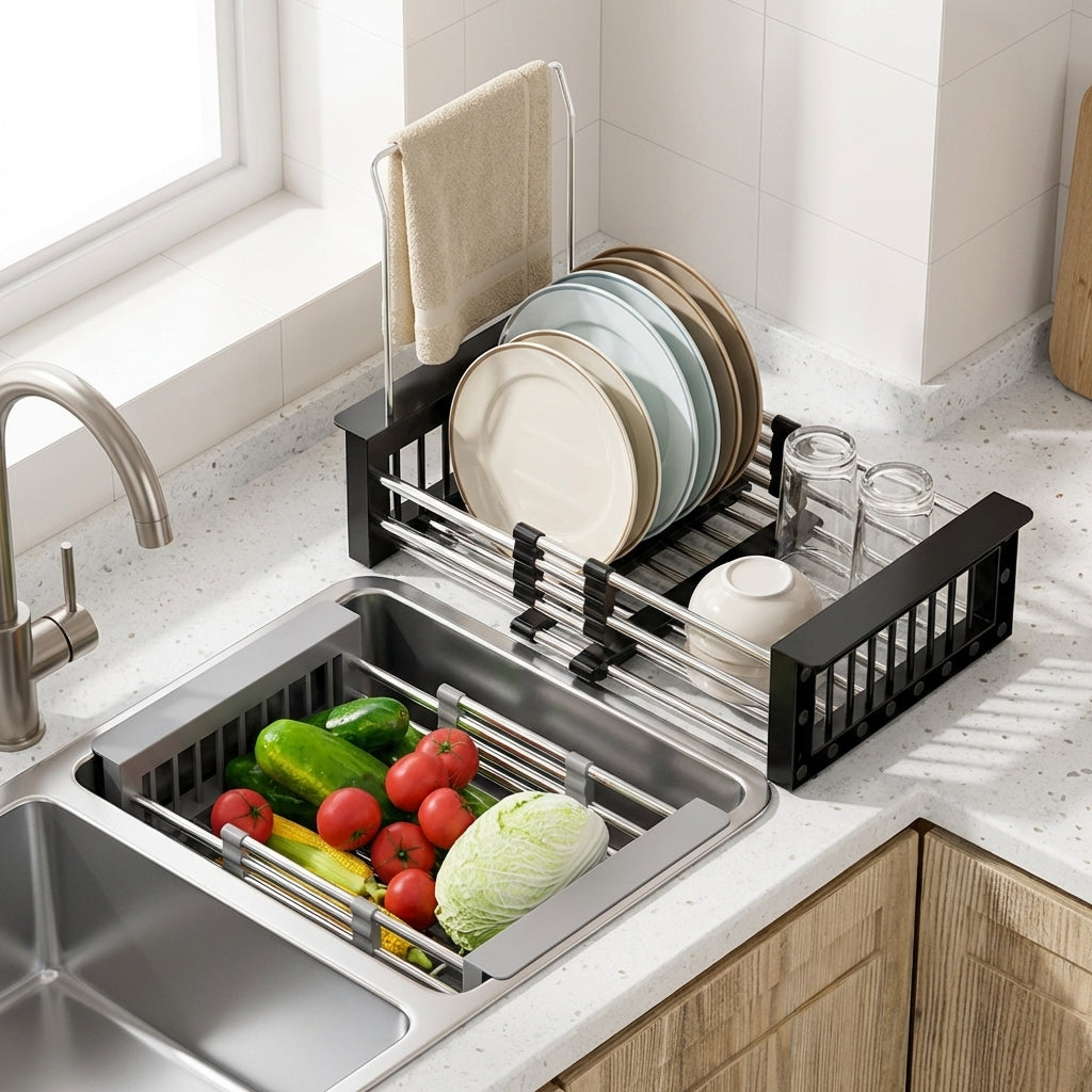 Dish Rack and Sink Strainer with Cutlery Drainer, Stainless Steel Dish Drainer, Space Saving Kitchen Sink Organizer for Your Kitchen Counter