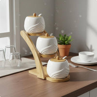 Ceramic Condiment Jar Set Dustproof Ceramic Seasoning Container Set Easy to Clean Seasoning Jars with Bamboo Lids for Dining Table