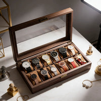 Retro Wooden Watch Storage Box with Drawer, Large Capacity, Transparent Lid