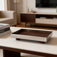 Tray with Wood Interior Polished Stainless Steel Tray Modern for Coffee Table