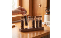 Single-Dose Coffee Bean Display Rack Wooden Coffee Bean Cellar with Wood Base Airtight Glass Tube Holder Countertop for Baristas, Espresso Station
