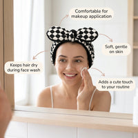 Checkered Bow Headband for Makeup, Soft Cloth Face Washing for Women Teens, Skincare Cosmetic Accessory