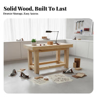 Solid Wood Workbench Thick Tabletop Heavy-Duty Work Table Mortise and Tenon Joint Garage Workbench for Butchers, Woodworkers, Home, Art Studio, Office
