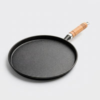 Frying Pan and Pancake Pan with Wooden Handle, Heavy Duty Cast Iron Griddle Pan for Crepes, Flat Bottom Egg Pan Induction Set with Glass Lid