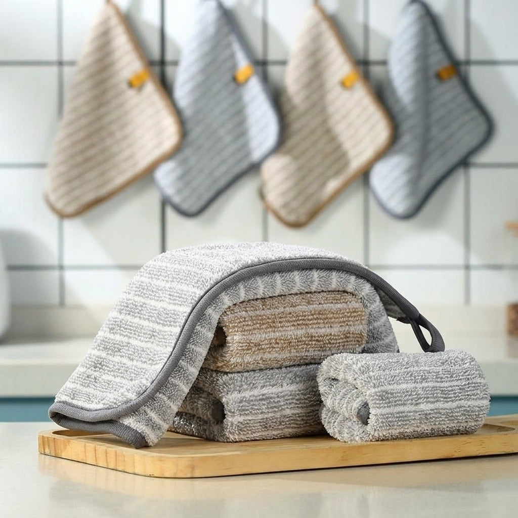 Bamboo Charcoal Cleaning Cloths and Microfibre Cloth, Grey Striped Cleaning Cloths for Dishes, Reusable Dishcloths