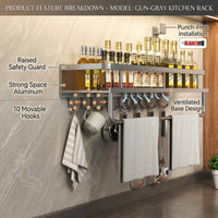 Wall Mount Rack for Utensil Storage, Durable Spice Made of Metal, Space Aluminum Kitchen Organizer with Adhesive Setup