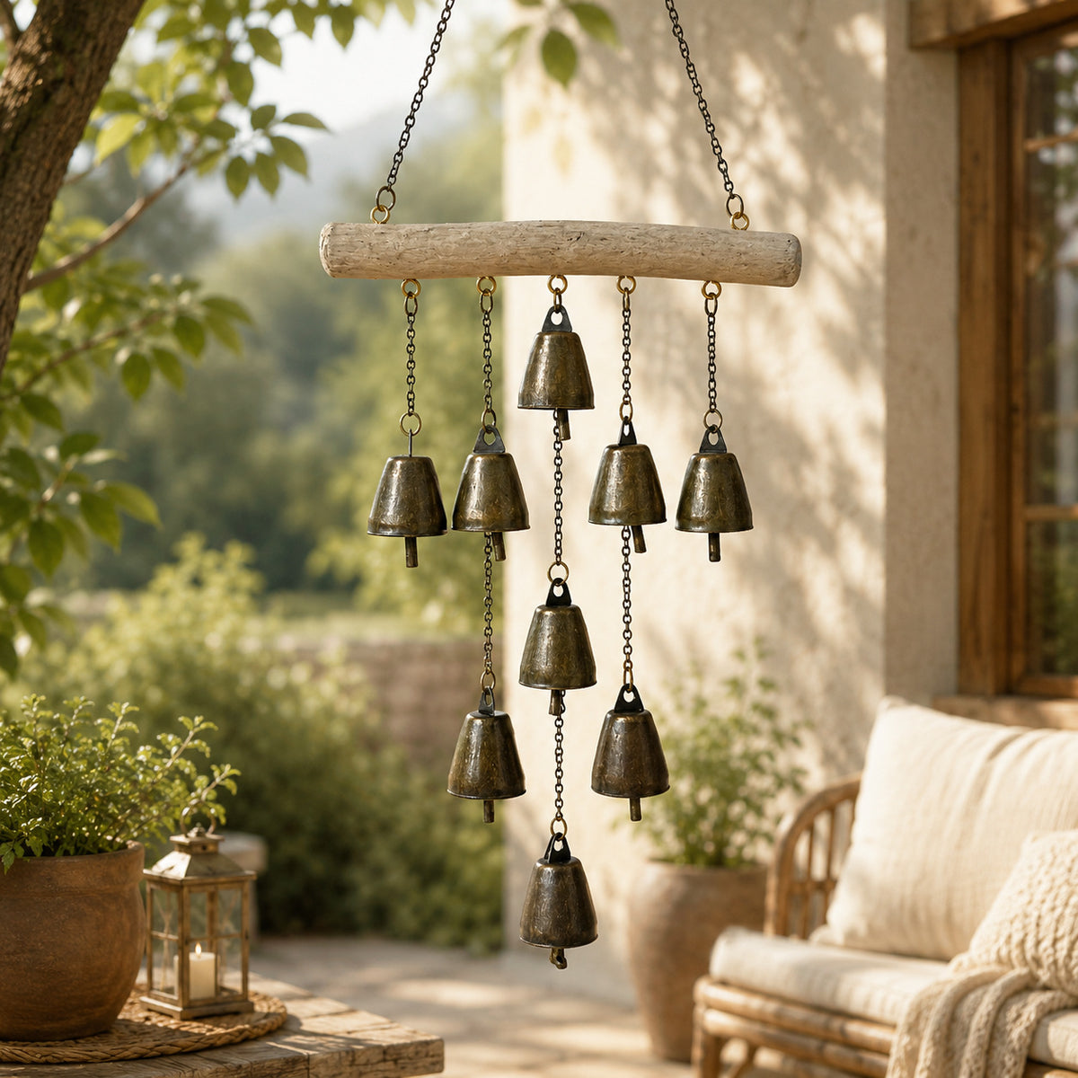 Outdoor Garden Wind Chime with Wooden Stick and Bronze Bell
