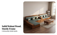 Solid Wood Storage Sofa Four-Season Use Chinese Design Couch Set Dense Foam Walnut Sectional Couch for Families, Adults, Home Entertainment Space